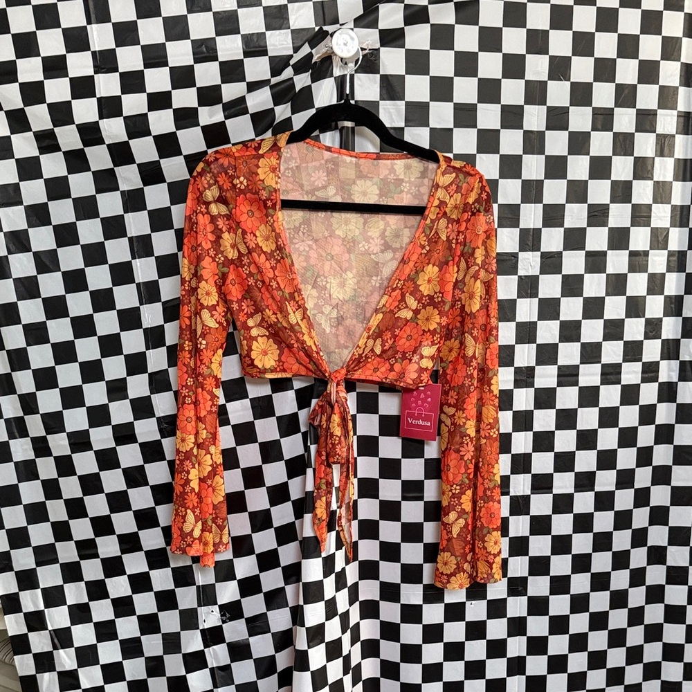 Vibrant Floral Tie-Front Blouse - Red and Yellow
